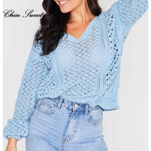 Knitted V-neck Womens Sweater Hollow Out Drop Shoulder Long Sleeve Pullover 2021 Autumn Winter Loose Fashion Ladies Sweaters