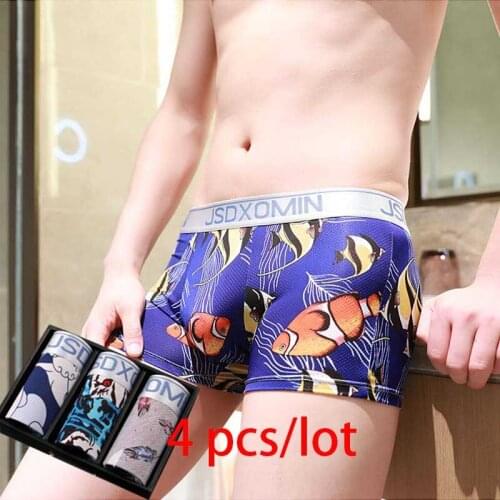 4 pcs/lot New Mens Ice Silk Panties Mesh Jacquard Trousers Men Boxer short U convex pouch Panties Man Boxeur Homme Underpants