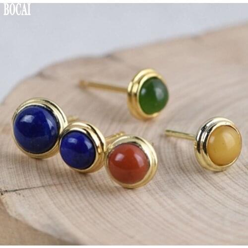 New S925 pure silver gold-plated agate/jasper woman earrings simple fashion beeswax earrings lapis lazuli earrings for woman