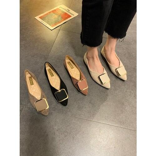 All-match pointed shallow mouth suede womens shoes spring and autumn new fashion square buckle flat shoes