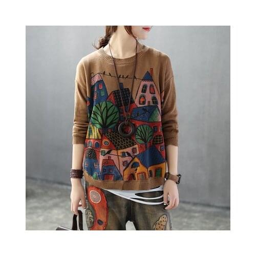 Vintage Pull Femme Long Sleeve Spring Autumn Loose Pullover Female Mori Girls Town Pattern Thin Knitted Sweater Casual Printed