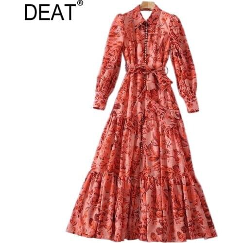 DEAT Women Dress Flower Printed Lapel Collar Long Lantern Sleeve With Sashes Vintage Style Elegant 2021 Autumn Fashion 15XF151