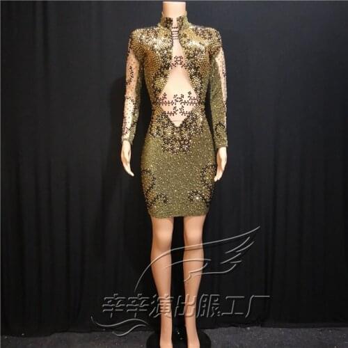 Women New Sexy See-through Golden Black Rhinestones Dress Big Stretch Long Sleeve Bar Nightclub Concert Singer Dancer Costume