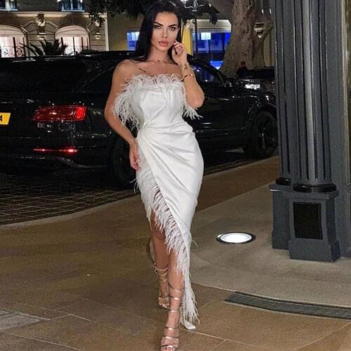 Luxury Feather Prom Gowns Strapless Side Split Pleat Mermaid Evening Dresses Ankle Length Prom Dress vestidos de novia