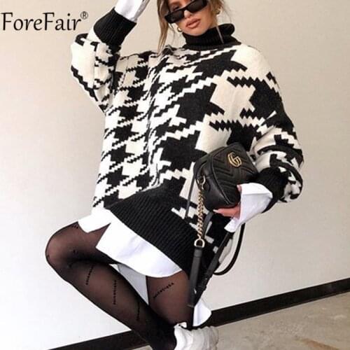 Forefair Black Turtleneck Sweater Dress Long Sleeve Houndstooth Women Oversized Knitted Casual Autumn Winter Loose Dresses Mini