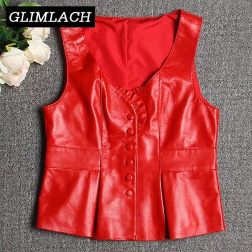 2019 Women Sheepskin Sleeveless Vest Jacket Genuine Leather Single Breasted V-Neck Jacket Ladies Real Leather Waistcoats Female