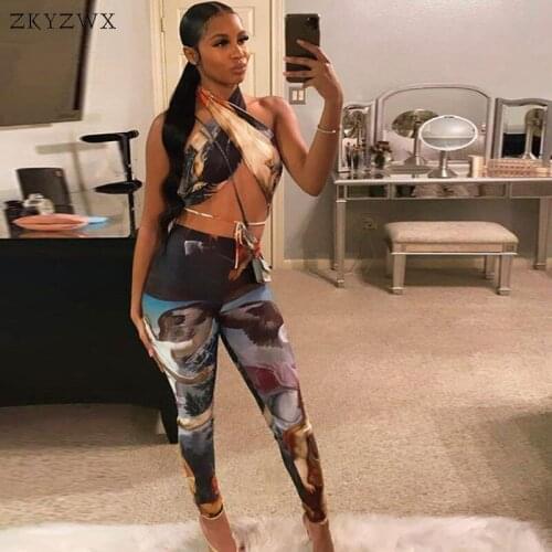ZKYZWX Aesthetic Bandage 2 Piece Sets Womens Outfits 2021 Summer New Clothes Sleeveless Crop Top and Pants Club Matching Sets