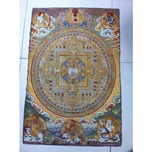 Golden silk embroidery thangka exorcism wealth kf Buddha in Tibet and Nepal