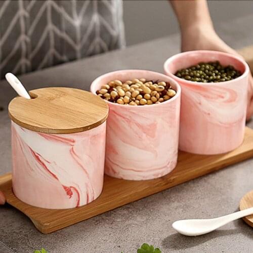 3 pcs ceramic kitchen cruet set spice jar with bamboo lid and tray kitchen supplies spice jar condiment bottles set