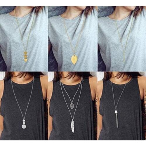 Long Pendant sweater Necklace 6pcs set package Leaf bar pearl tassel disc triangle pendant silver color gold color plated