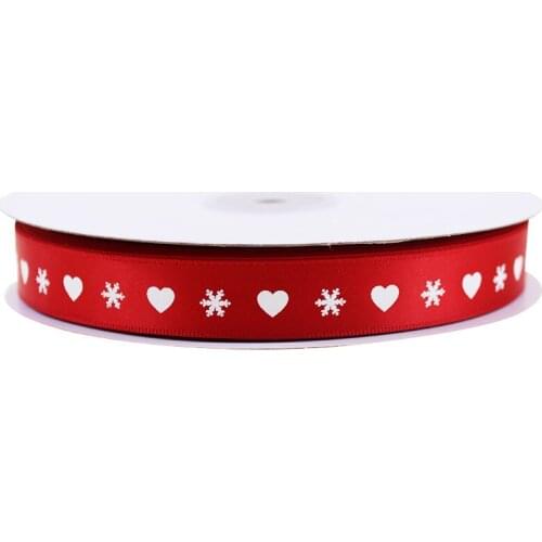 T.R RIBBON 5/8 inch 16mm hearts and snowflakes printed satin ribbon red webbing