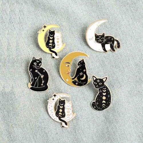 Cute Black Cat Moon Cartoon Animal Alloy Brooch Bag Clothes Backpack Lapel Enamel Pin Badges Jewelry Gift For Friends Women
