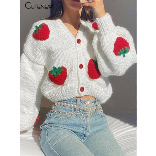 Cutenew Strawberry Kintted Long Sleeve Loose Single Breasted Coat Women Autumn Fashion Thicken Warm Cardigan Sweater Streetwear