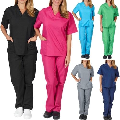 Hospital 2PCS/Set V-neck Women Scrub Suit Nursing Services Pocket T-Shirt + Pants Solid Color Nurse Uniform Workwear Suit