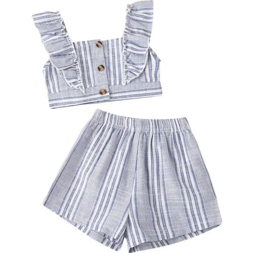 OPPERIAYA Toddler Baby Girls 2Pcs Summer Outfits Sleeveless Ruffle Strap Button Down Crop T-shirt Striped Shorts Casual Set