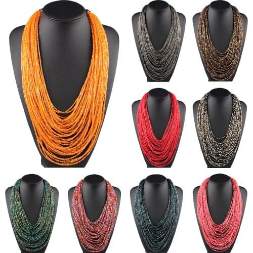 Statement Necklace Bohemian Multi Layer Resin Beads Choker Boho Long Collar Women Wedding Party Ethnic Bib Jewelry Sweater Chain