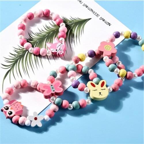 Lovely Handmade Wooden Beads Necklace Bracelet Children Princess Animals Necklace Flower Sweater Chain Girls Birthday Gifts