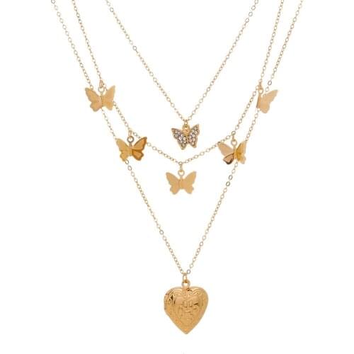 Fashion Multilayer Butterfly Chain Choker Necklace Peach Heart Pendant Necklace for Women Girl Party Jewelry