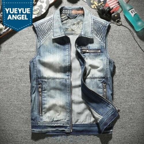 Men Fashion New Biker Motorcycle Sleeveless Denim Jacket Punk Style Zipper Cowboy Vest Male Summer Casual Outerwear Waistcoat