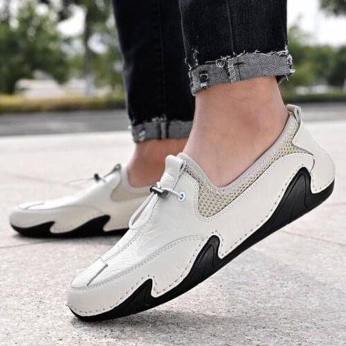 Mens shoes casual outdoor leather comfortable breathable lazy shoes solid color all-match daily peas shoes flat shoes men
