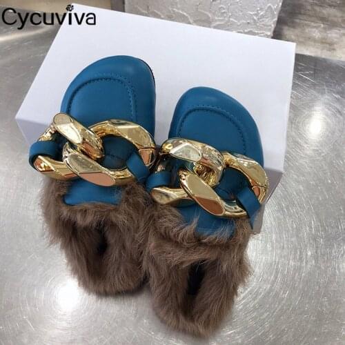 New Gold Metal Chain Fur Slippers Woman Real Leather Flat Mules Fur Brand Casual Ladies Shoes Runway outdoor Half Slippers Femme