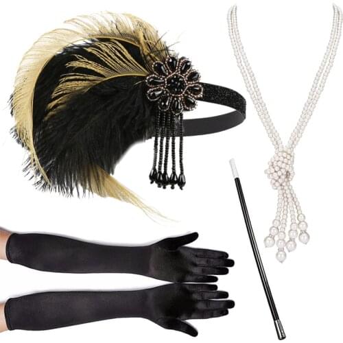 1920s Great Gatsby Party Costume Accessories Set 20s Flapper Feather Headband Pearl Necklace Gloves Cigarette Holder 4 Pcs Set