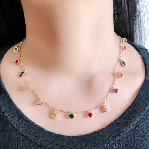 New Gold Color Copper Multicolor Round Square AAA Cubic Zirconia Simple Pendant Necklaces Womens Fashion Jewelry Cobre CZ Colar