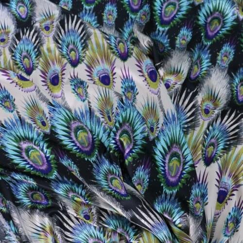 Peacock Feather Ethnic Print Charmeuse Fabric Vintage Craft Cloth Scarf Ribbon Satin Polyester