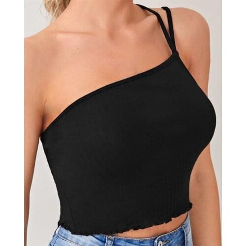 Sexy One Shoulder Knitted Ribbed Camis Cropped Tops For Women Summer Sleeveless Backless Skinny Camisole Slim Stretch Clothes