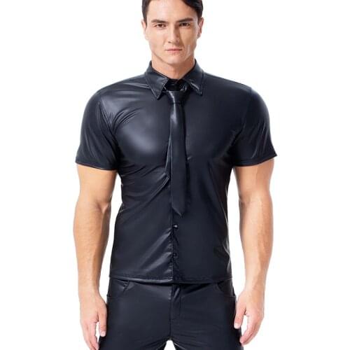 Size S-XXXL Sexy Black Faux Leather Shirt Wet Look Stretch Undershirt Latex Novelty Short Sleeve Uniform Clubwear Stage Costume