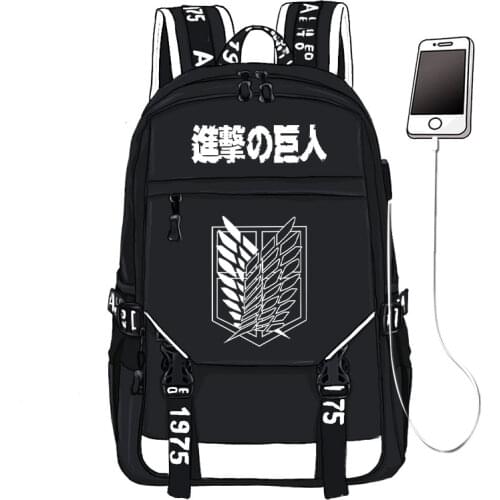 Attack on Titan Wings of Freedom Printing Backpack Unisex Travel Backpack USB Interface Laptop Backpack Canvas School Book Bags