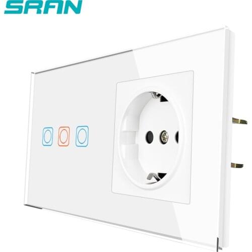 SRAN Touch Sensor Switch With Socket Crystal Glass Panel 153*82mm 220V 16A Wall Socket With Light Switchs 3 Gang 1Way