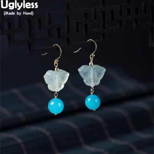Uglyless Real 925 Sterling Silver Jade Butterfly Earrings Handmade Butterflies Dangle Earrings Amazonite Balls Brincos Bijoux