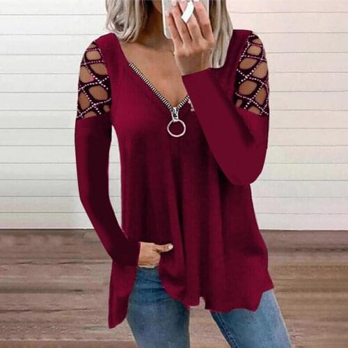 Zipper Hollow Out Blouse Women Sexy V-neck Solid Color Long Sleeve Fold Casual Blouse Autumn Elegant Plus Size Tops Shirts New