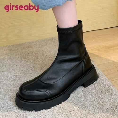 Girseaby 2021 New Platform Square Heel Flat Ankle Short Bootie Mortorcycle Strethcy Mixed Color Design Shoes For Women 42 S2490