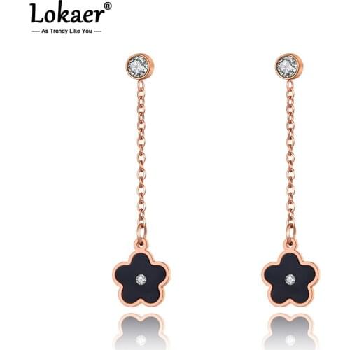 Lokaer Trendy Titanium Stainless Steel Black Acrylic Flower Earrings Bohemia CZ Crystal Charm Jewelry For Women Girls E20317