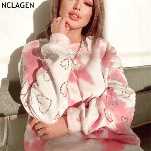NCLAGEN Women Sweatshirts 2021 New Fashion Bling Rhinestone Heart Pattern Pullovers Female Tie Dye Harajuku Loose Casual Hoodies