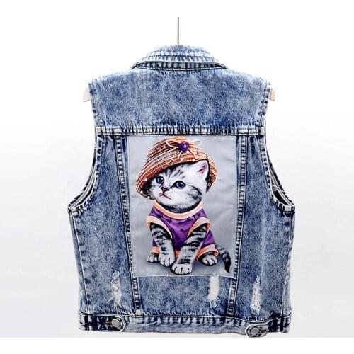 Vintage 3D cat printed diamonds beading 2020 spring summer NEW women sleeveless denim vests casual holes jean waistcoat JC213