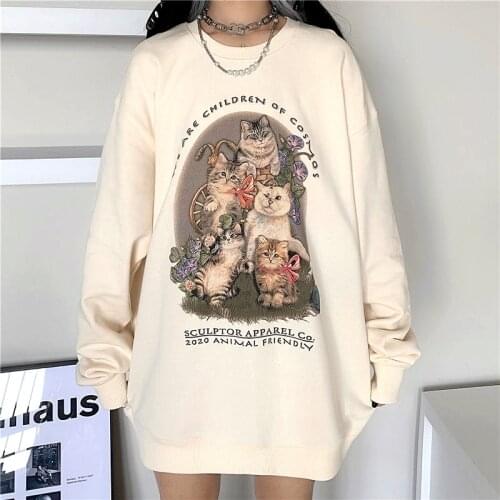 Brand Fashion Funny Cats Print Sweatshirt Women Hip Hop Kawaii Teens Clothes Oversized Streetwear 2021 Autumn Winter New Korean
