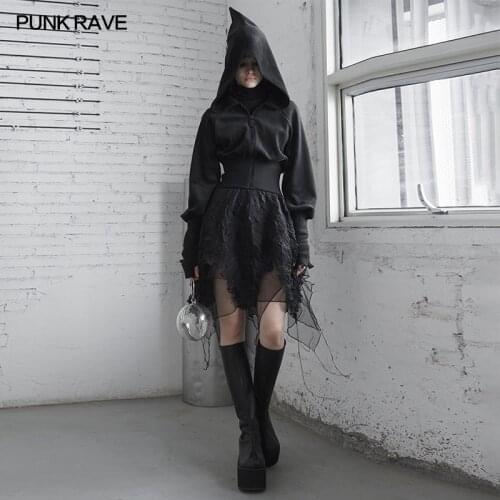 PUNK RAVE Womens Dark Embroidered Cardigan Velvet Sweater Gothic Collect Waist Wizard Hat Halloween Costume Hoodies
