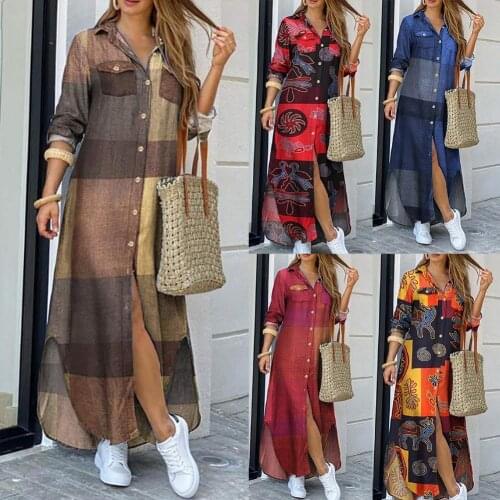 Women Dress Fashion Polyester Long Sleeve Printed Pockets Turn Down Collar Party Beach Maxi Shirt Dress 5 Color M-4XL платье