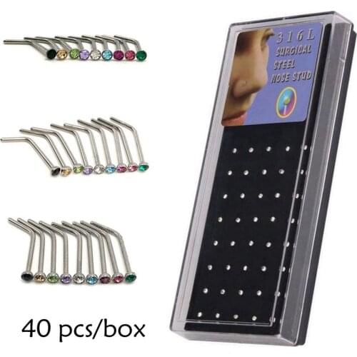 1.8 mm 316L Stainless Surgical Steel Nose Ring 40pcs Fashion Body Jewelry Nose Stud Screw Nose Piercing Crystal Stud Nickel-free