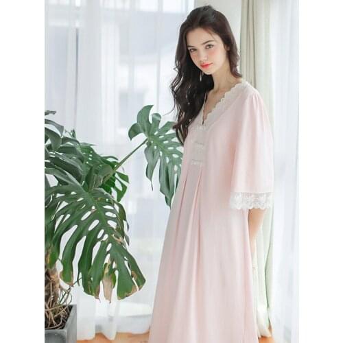 Free Shipping 2020 New Spring Princess Nightdress Womens Long Nightgown Pink Cotton Pijamas Royal China Style Sleepwear