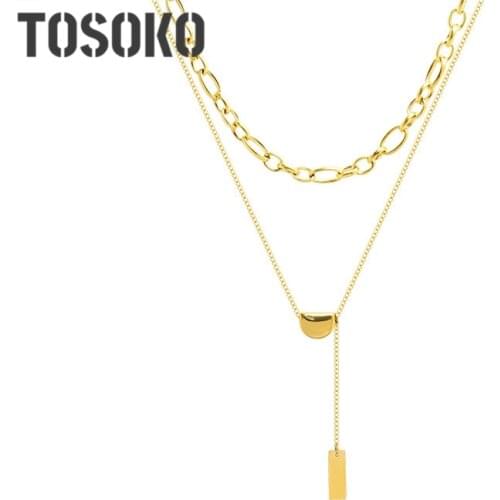 TOSOKO Stainless Steel Jewelry Sweater Chain Golden Beans Double Layered Necklace Square Brand Clavicle Chain BSP864