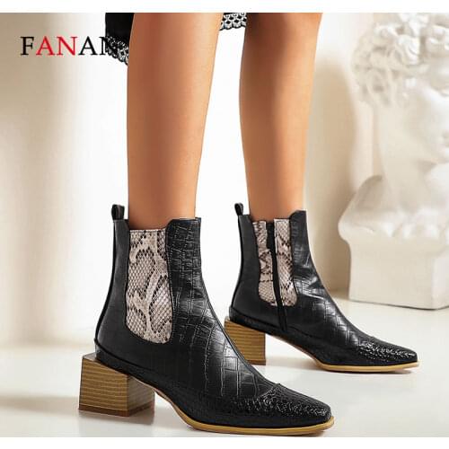 FANAN Ankle Boots Woman Pointed Toe Med Square Heel Shoes Snakeskin Pattern Western Boots Cowboy Boots Women Winter Female Shoes