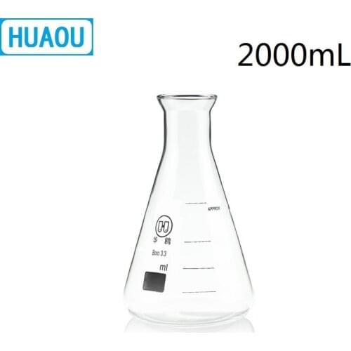 HUAOU 2000mL Erlenmeyer Flask 2L Open Horn Bell Mouth Narrow Neck Borosilicate 3.3 Glass Conical Triangle with Graduaition