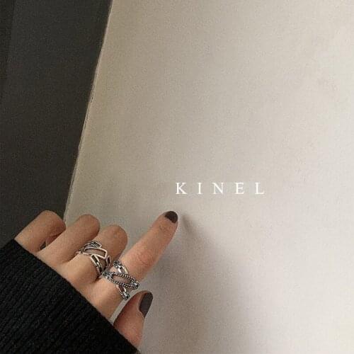 Kinel 925 Sterling Silver Open Rings Retro Do The Old Twist Wide Black CZ Zircon Chain Carved Finger Ring All-match Jewelry