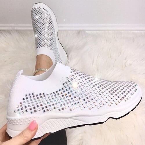 Womens Vulcanized Shoes Rhinestone Bling Autumn Light Sneakers Soft Comfortable Ladies Flat Shoes 2021 Slip on Female Footwear