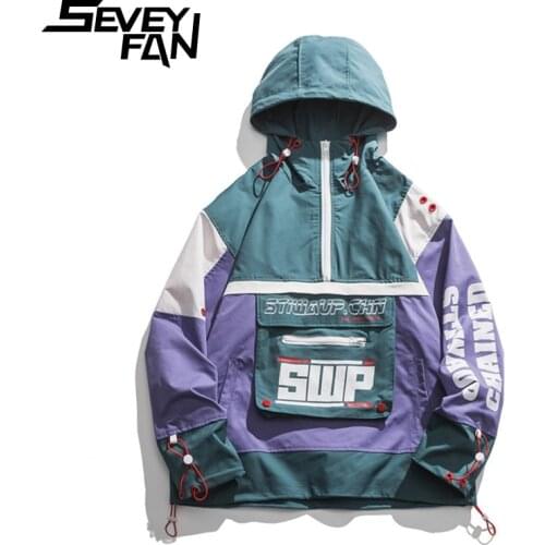 SEVEYFAN Mens Half Cardigan Hooded Jacket Big Pocket Patchwork Printed Coat Urban Windbreaker Coat for Male