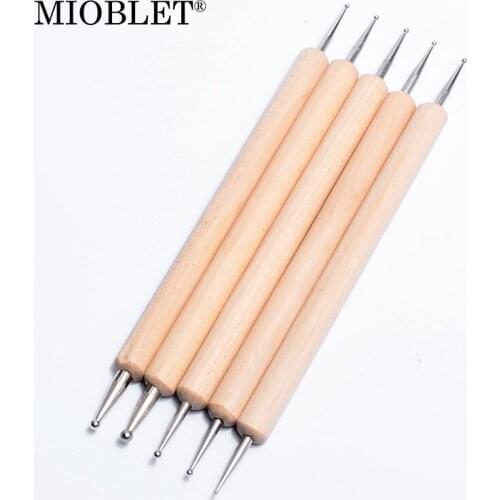 MIOBLET 5pcs/lot Double Head Drills Pen Nail Dotting Ball Needle Manicure Nail Tools Pencil Wooden Handle Nails Point Drill Pens